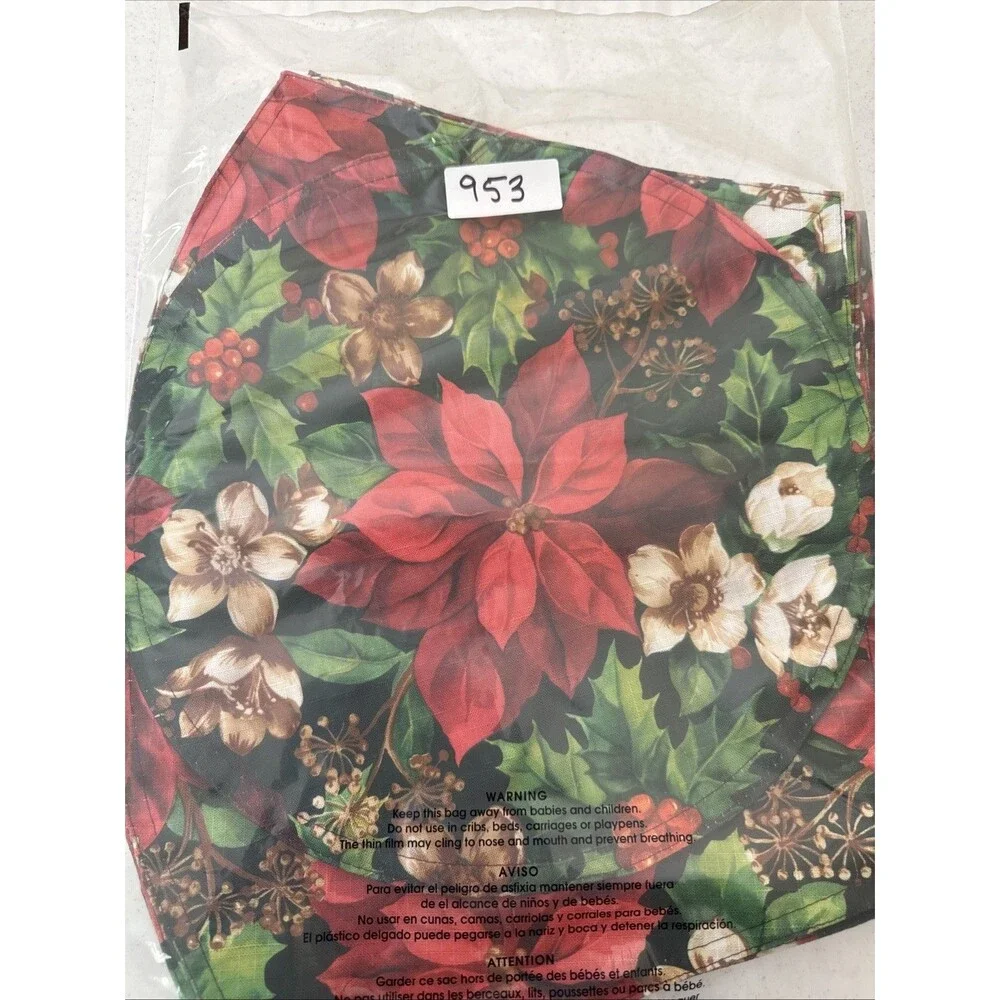 Vintage 6 Piece Handmade Cloth Christmas Poinsettia Print Placemat Set & Center